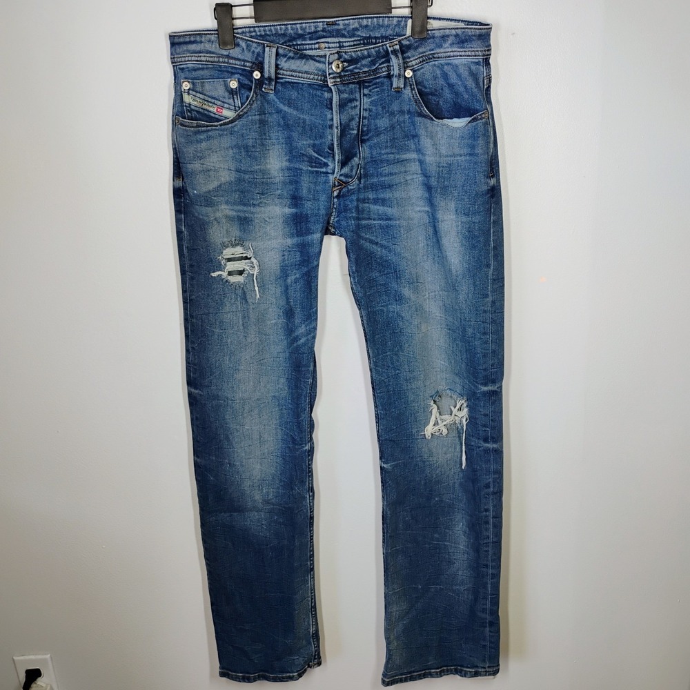 Diesel Larkee Regular Straight Jeans Mens W33 L32 Blue Wash Distressed Stretch